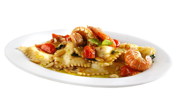 Ravioli filled with prawns, garnished with scampi, Pachino cherry tomatoes and Olitalia Taggiasca Monocultivar Extra Virgin Olive Oil