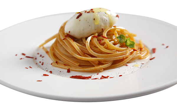 Crunchy spaghetti with extra virgin olive oil ice-cream flavoured with garlic and chilli pepper